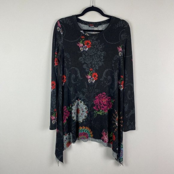 Desigual T-Shirt Sweater Cronosk Size Small Floral Tunic Sharkbite Hem - Picture 1 of 9
